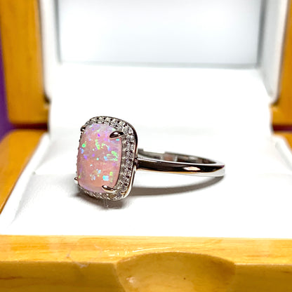 Pink opal ring cluster square sterling silver cubic zirconia