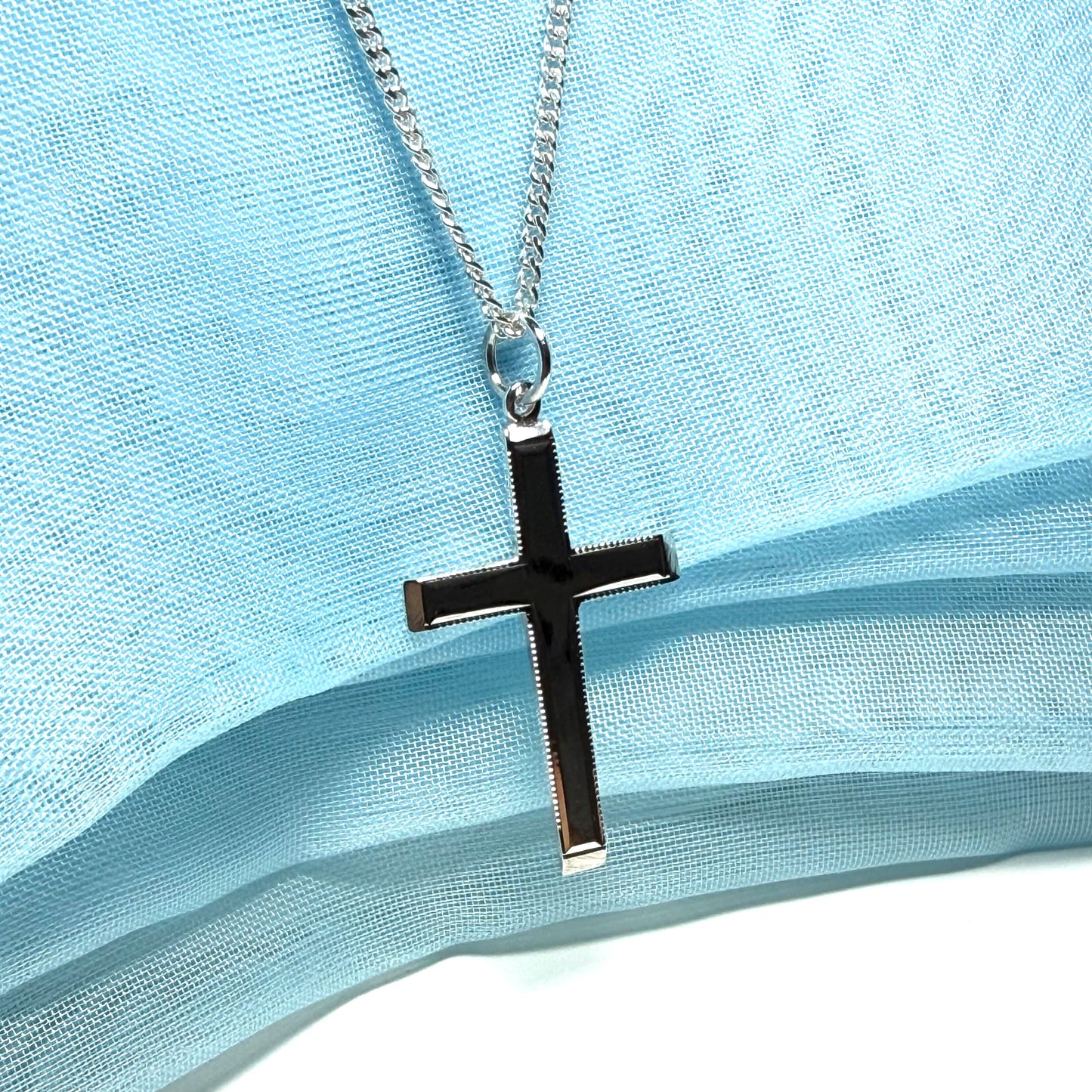 Polished beaded edge solid sterling silver cross including chain