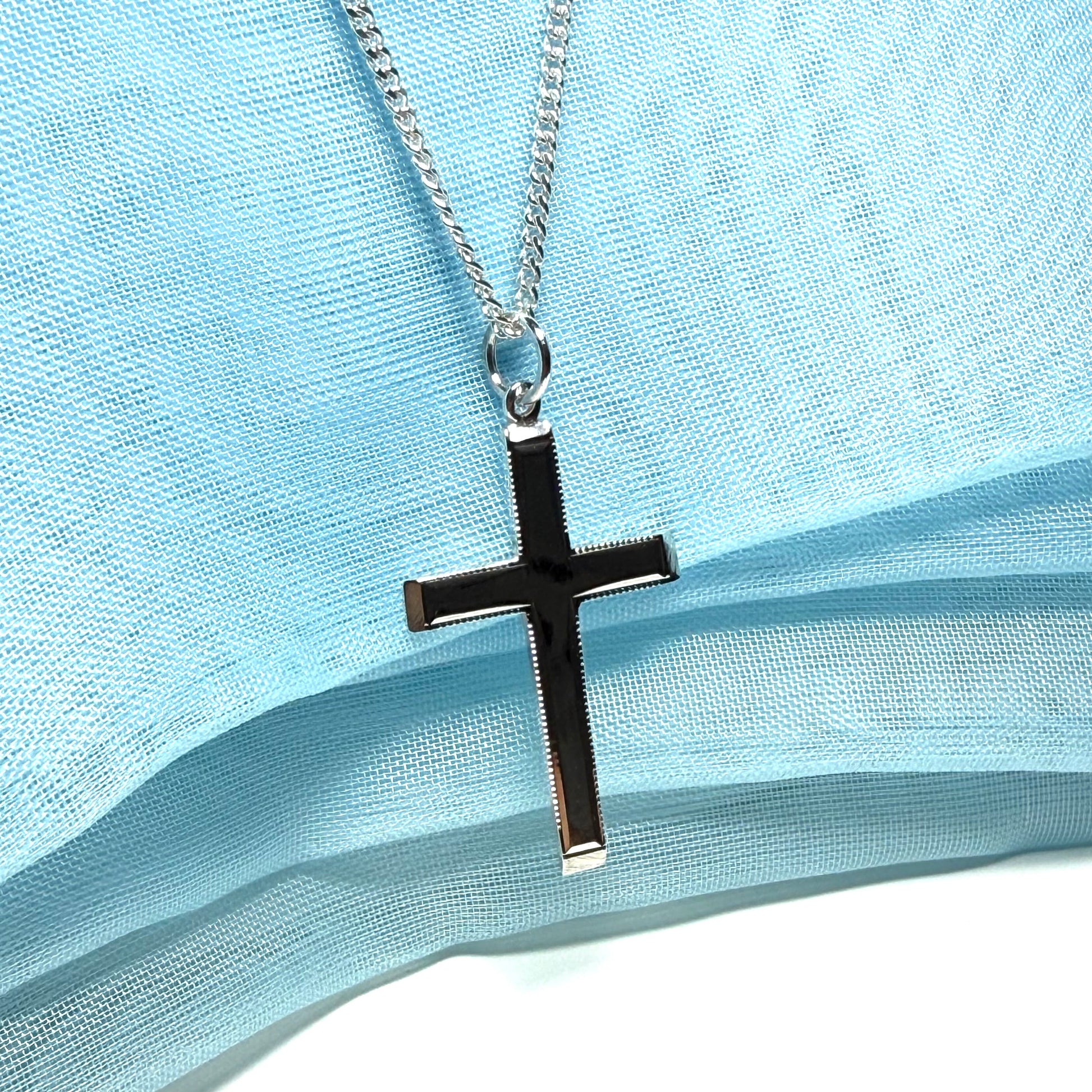 Polished beaded edge solid sterling silver cross including chain