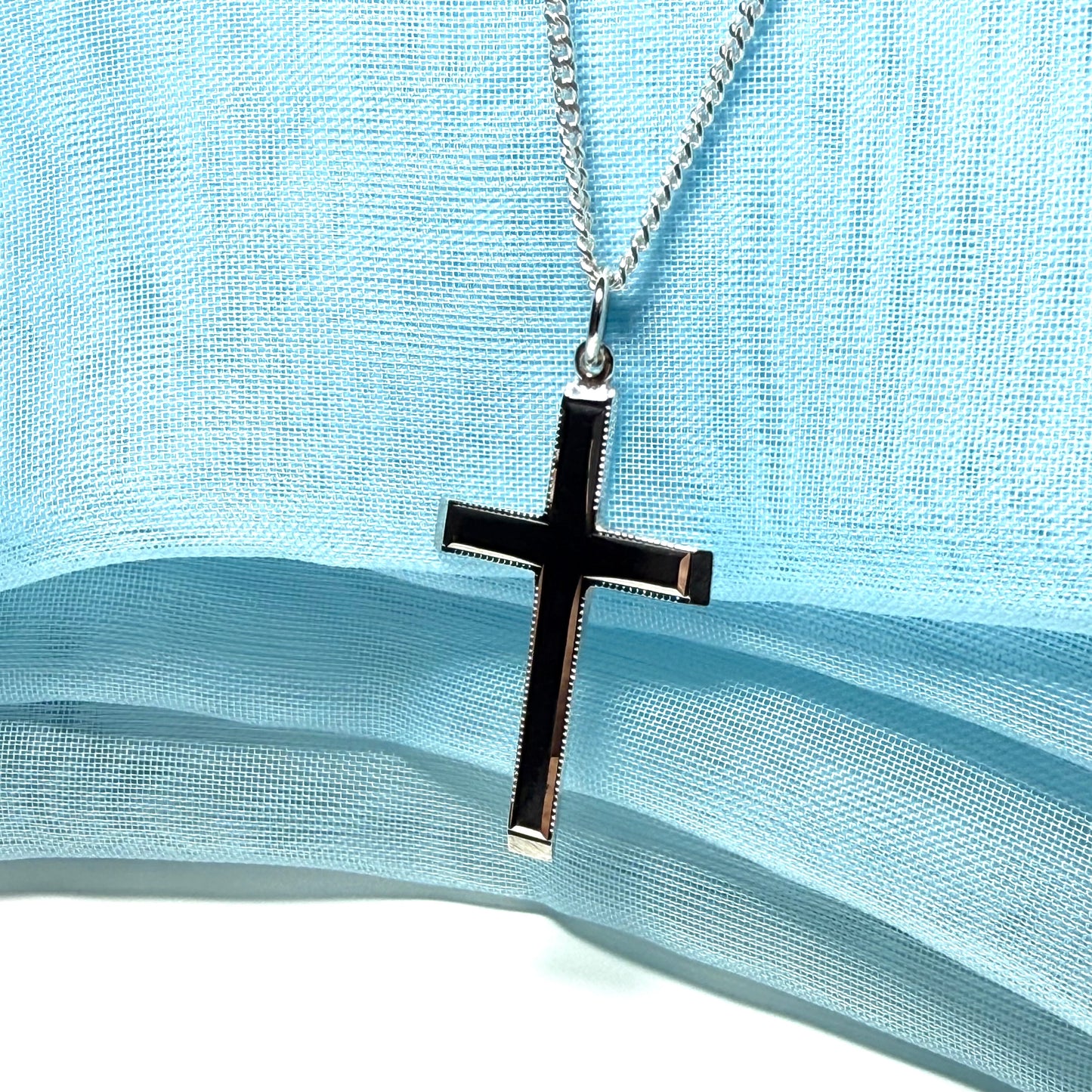 Polished beaded edge solid sterling silver cross including chain