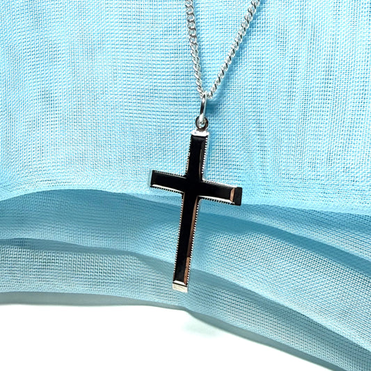 Polished beaded edge solid sterling silver cross including chain