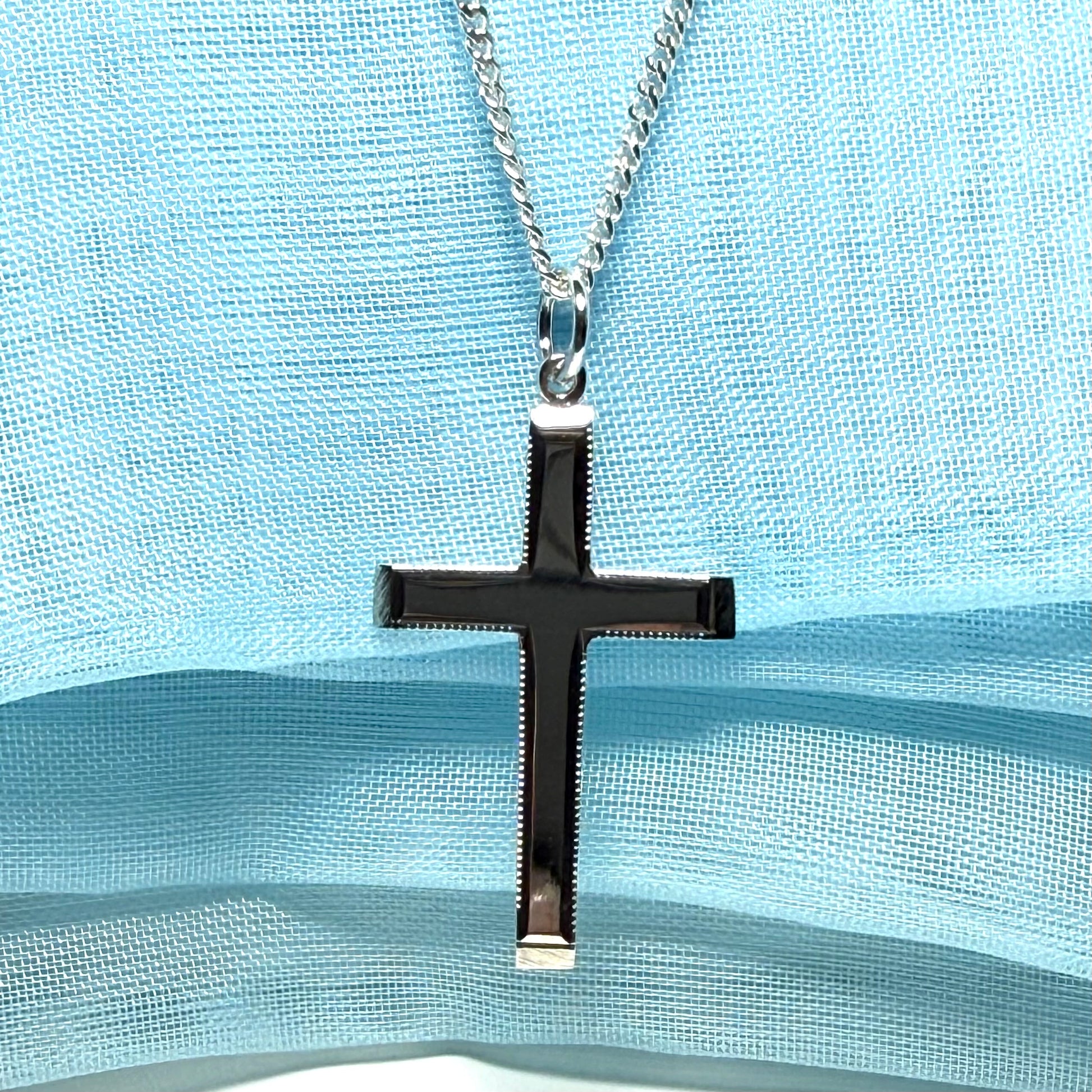 Polished beaded edge solid sterling silver cross including chain