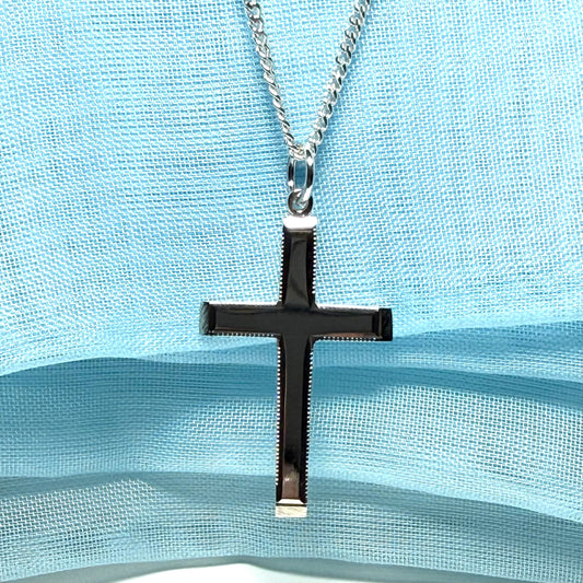 Polished beaded edge solid sterling silver cross including chain