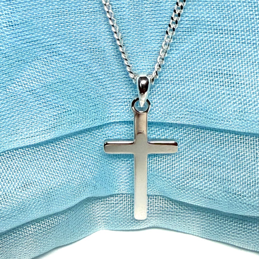 Polished plain solid sterling silver cross including a curb chain