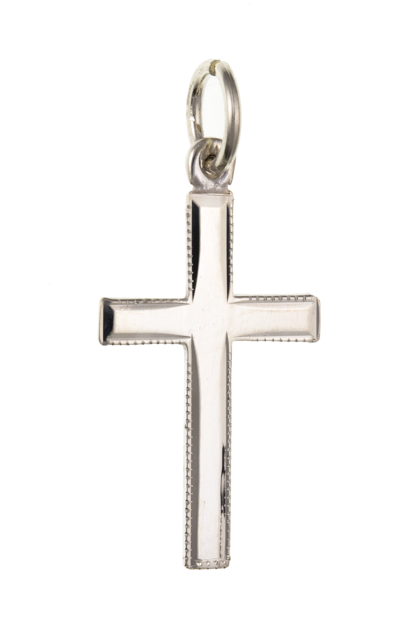 Polished plain beaded edge solid sterling silver cross including chain