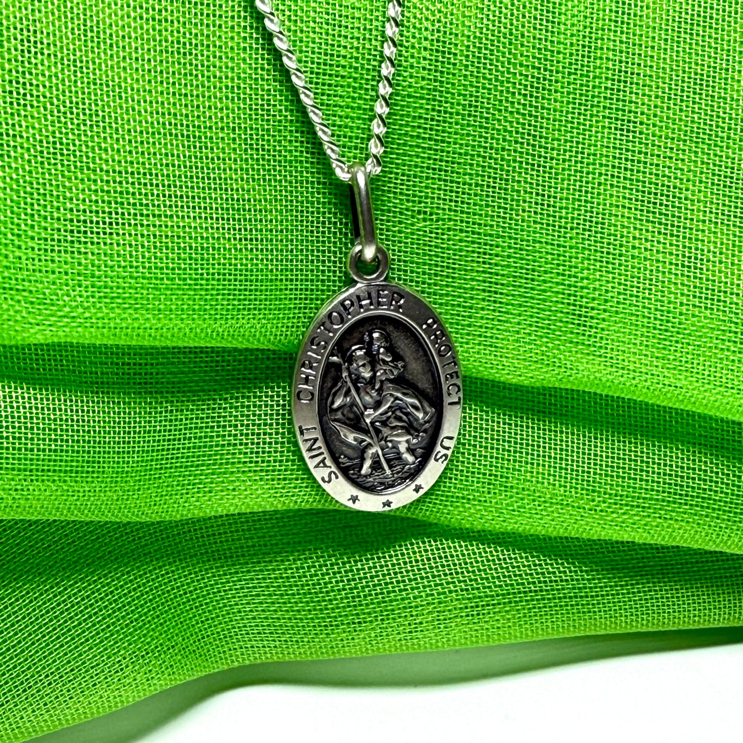 Protect Us St. Christopher oval sterling silver including chain