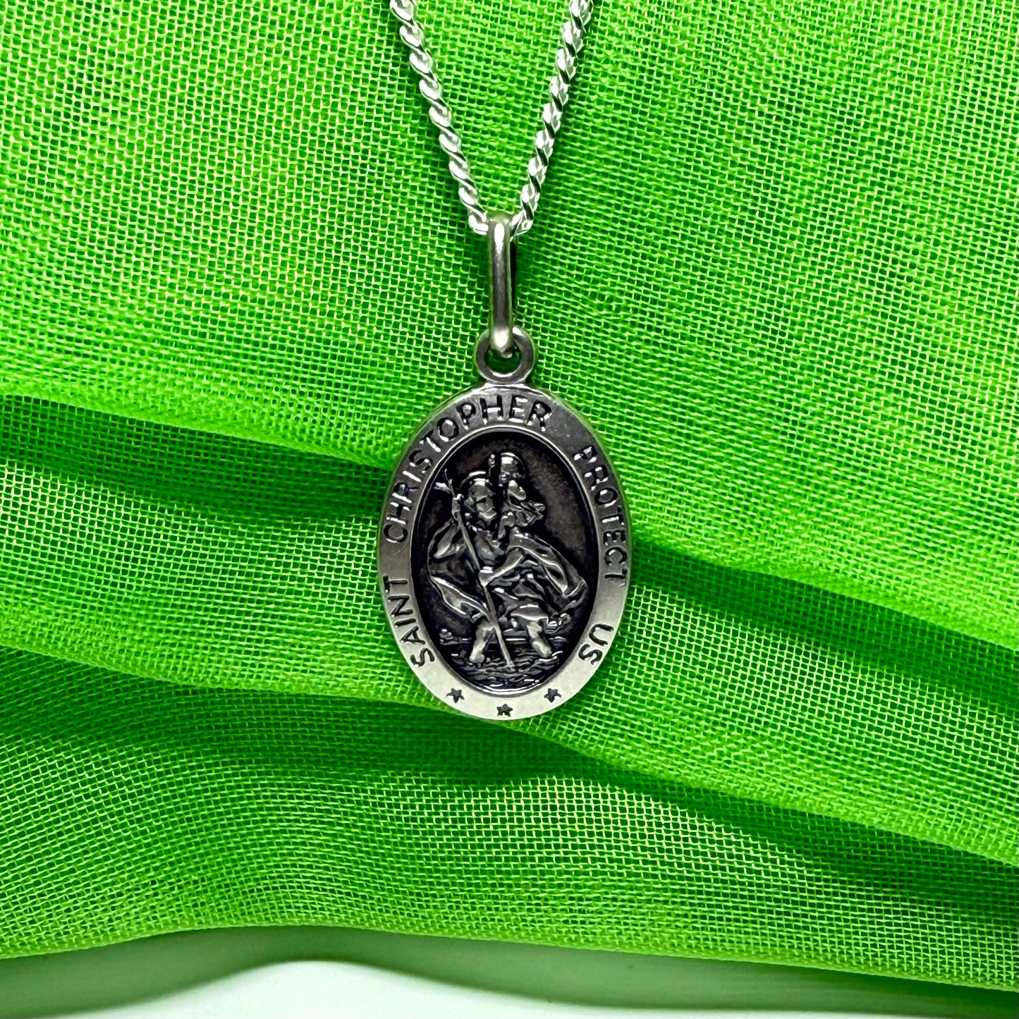 Protect Us St. Christopher oval shape sterling silver including a chain