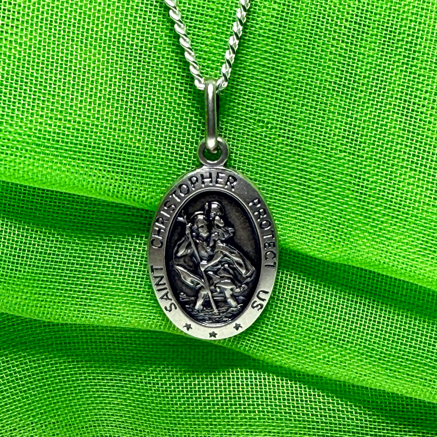 Protect Us St. Christopher oval sterling silver including chain