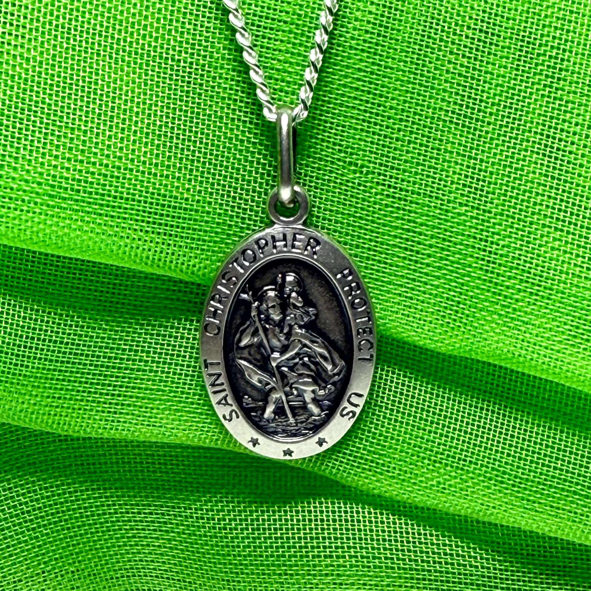 Protect Us St. Christopher oval sterling silver including chain