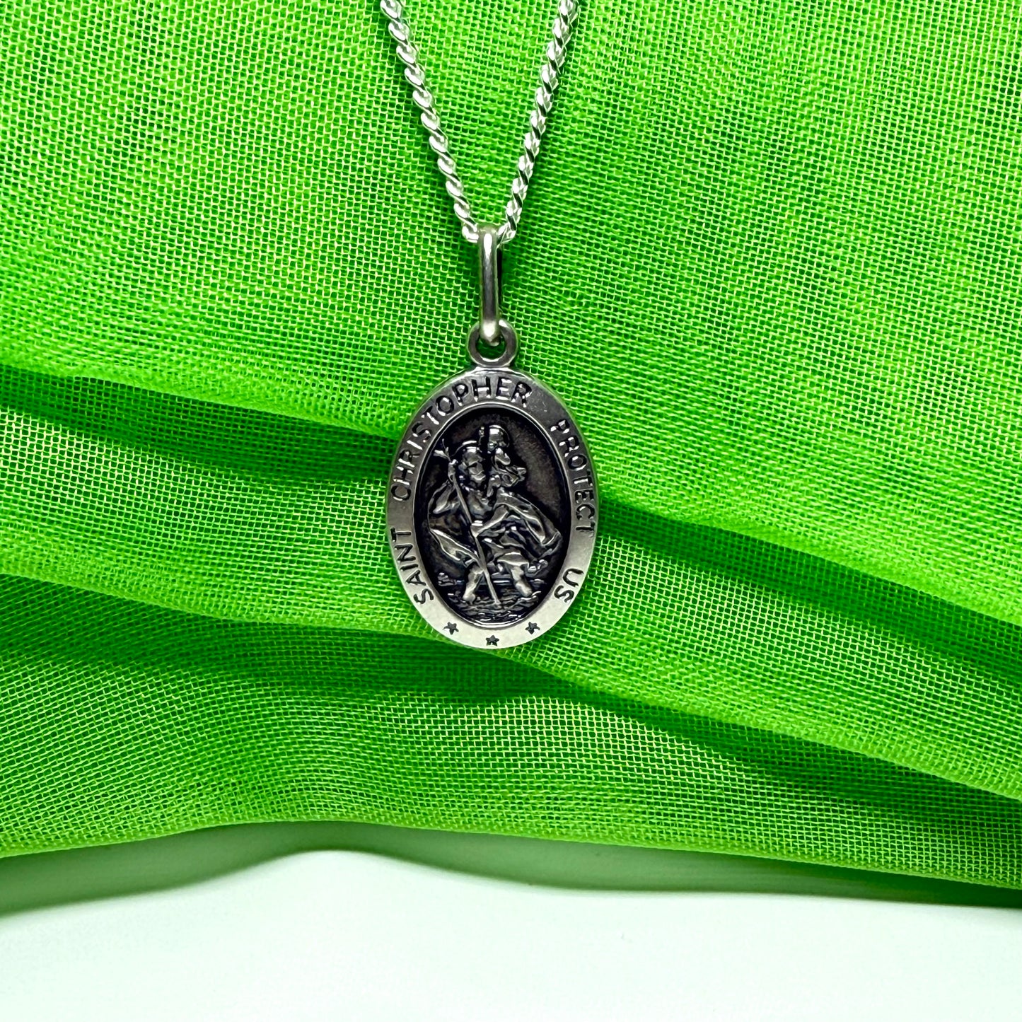 Protect Us St. Christopher oval sterling silver including chain