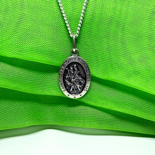 Protect Us St. Christopher oval sterling silver including chain