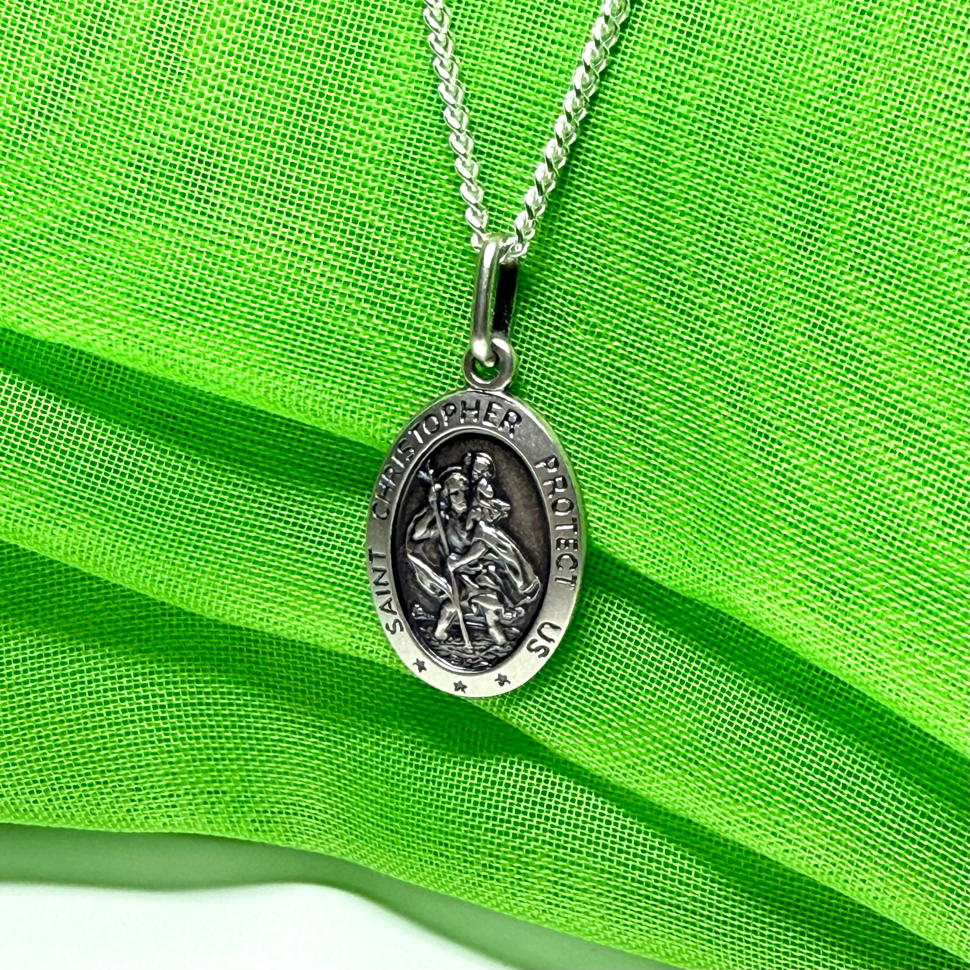 Protect Us St. Christopher oval sterling silver including chain