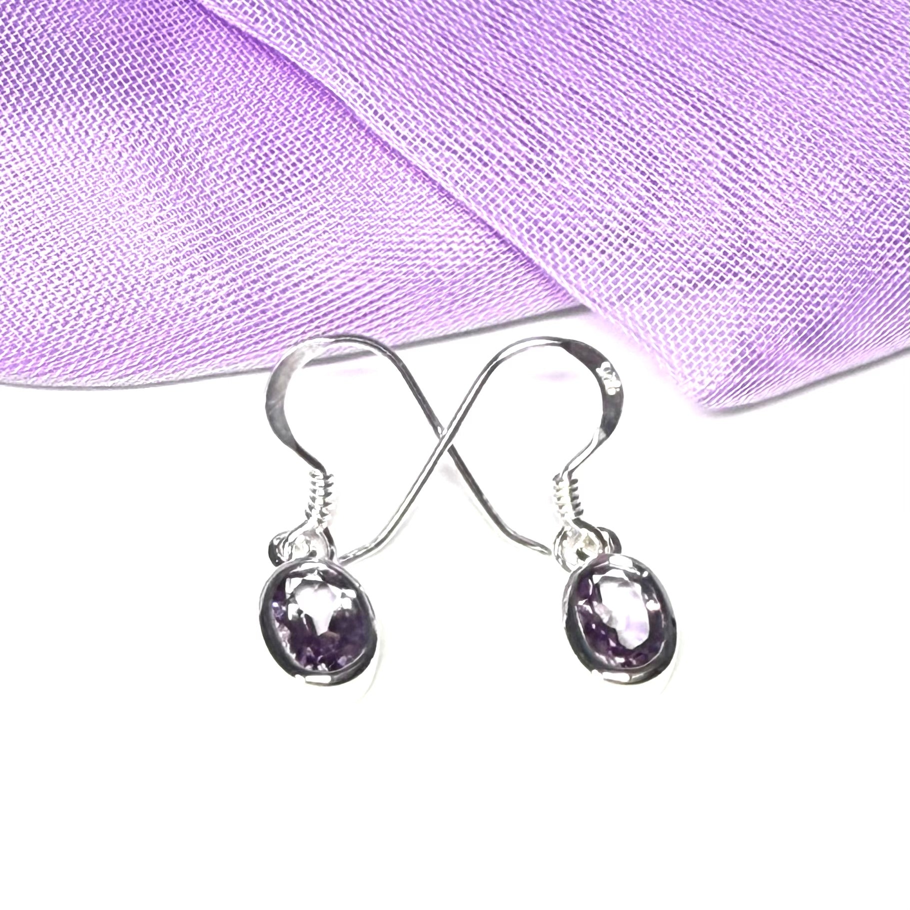 Purple oval shaped amethyst sterling silver drop earrings