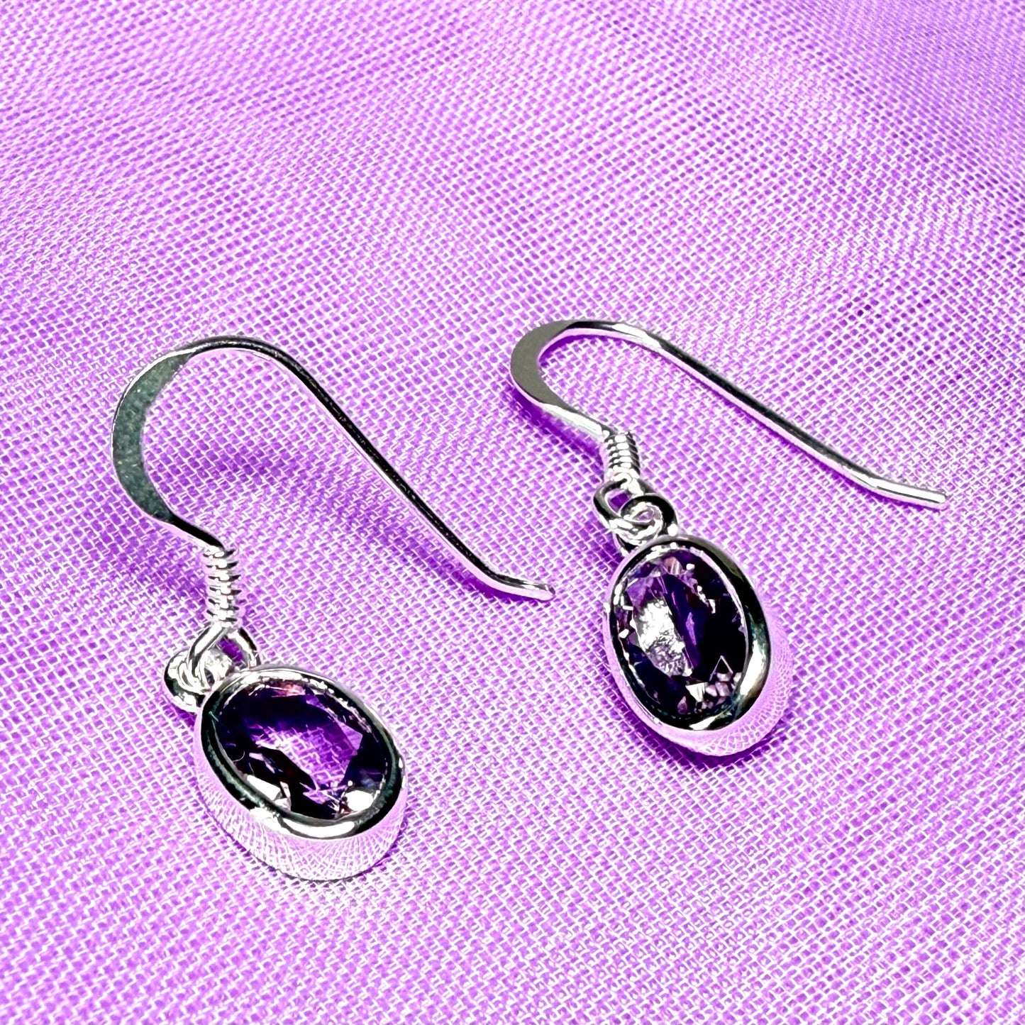 Purple oval shaped amethyst sterling silver drop earrings