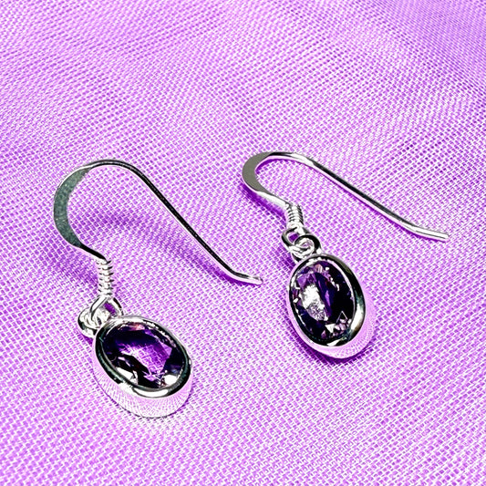 Purple oval shaped amethyst sterling silver drop earrings