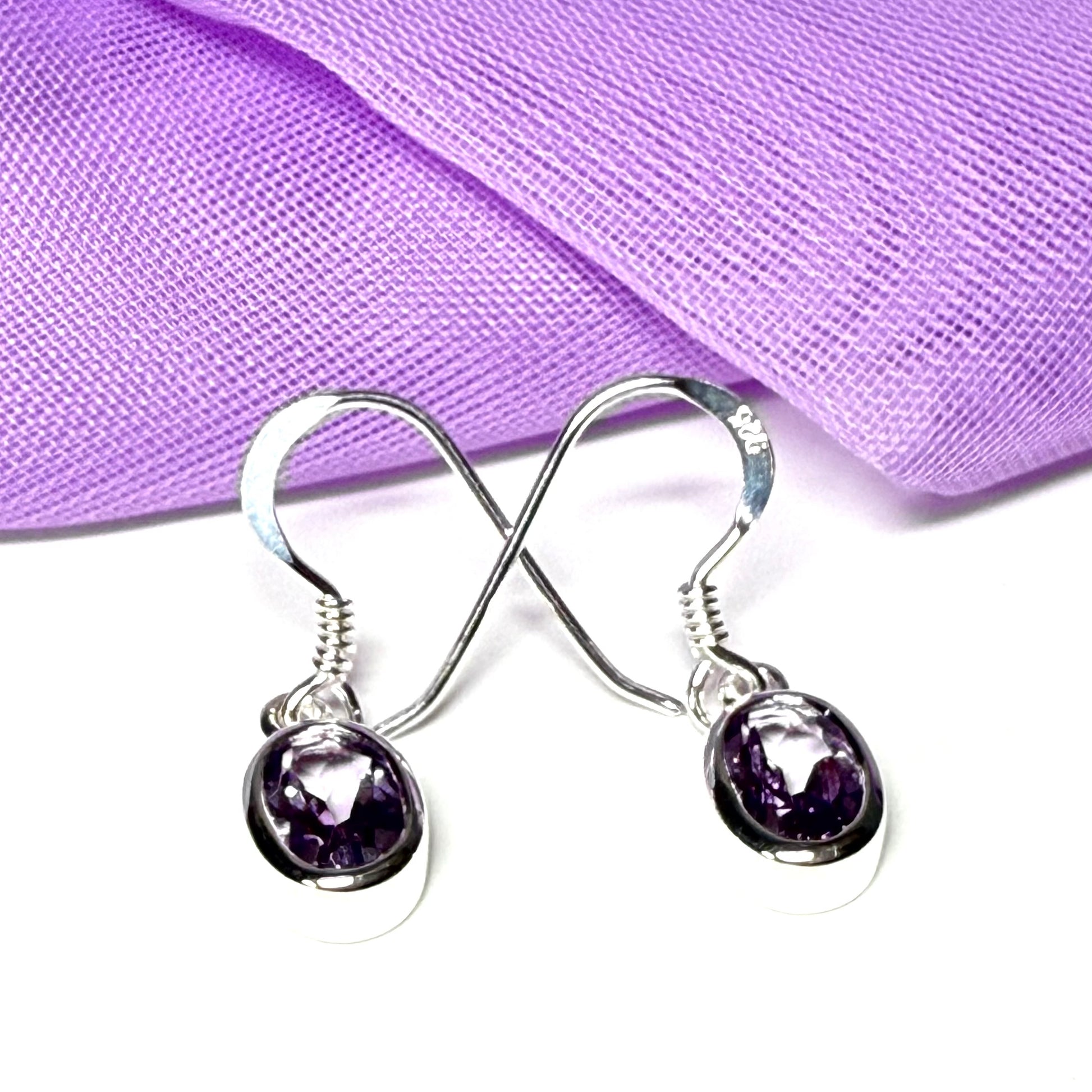 Purple oval shaped amethyst sterling silver drop earrings