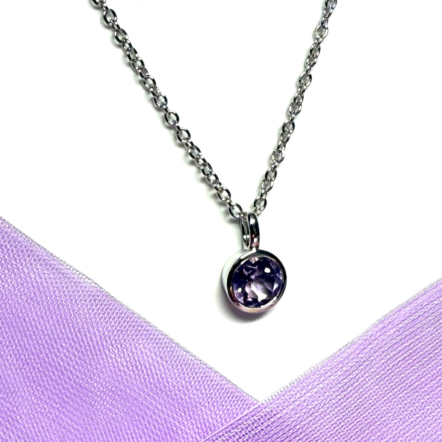 Purple real amethyst round silver necklace smooth rubbed over pendant