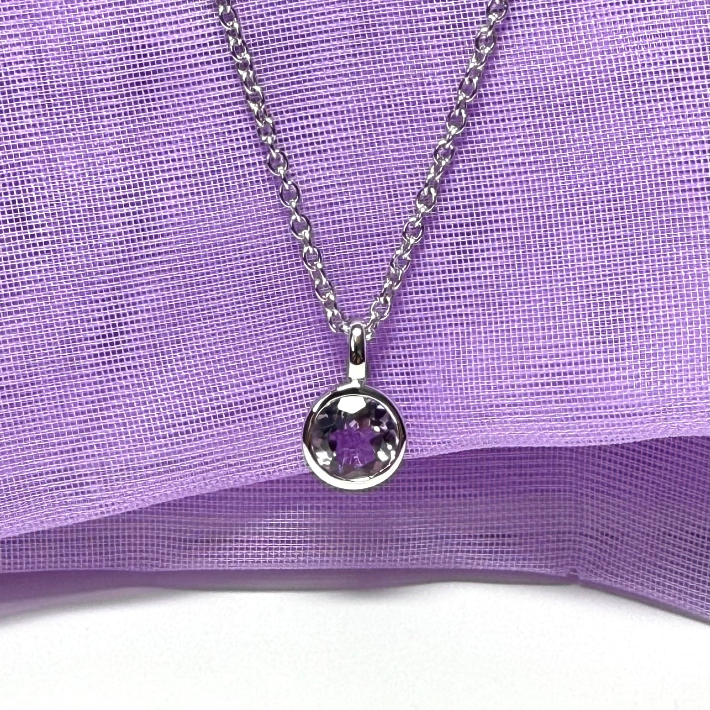Purple real amethyst round silver necklace smooth rubbed over pendant with chain