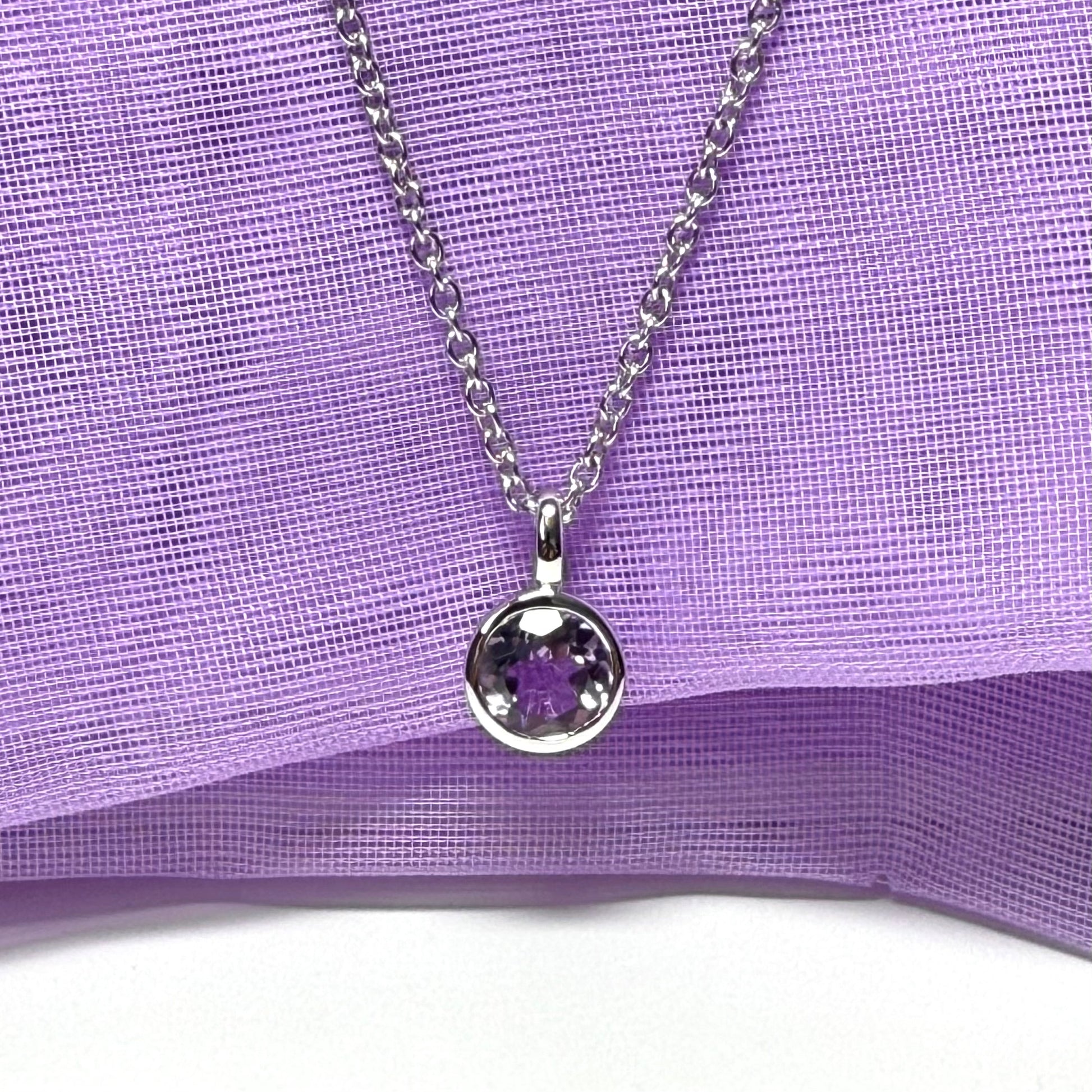 Purple real amethyst round silver necklace smooth rubbed over pendant with chain