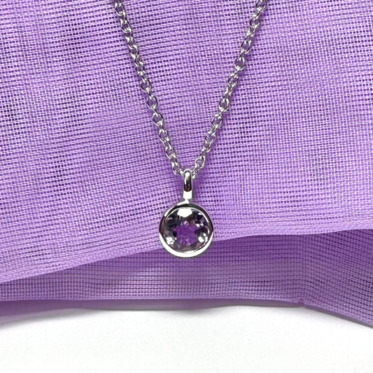 Purple real amethyst round silver necklace smooth rubbed over pendant with chain