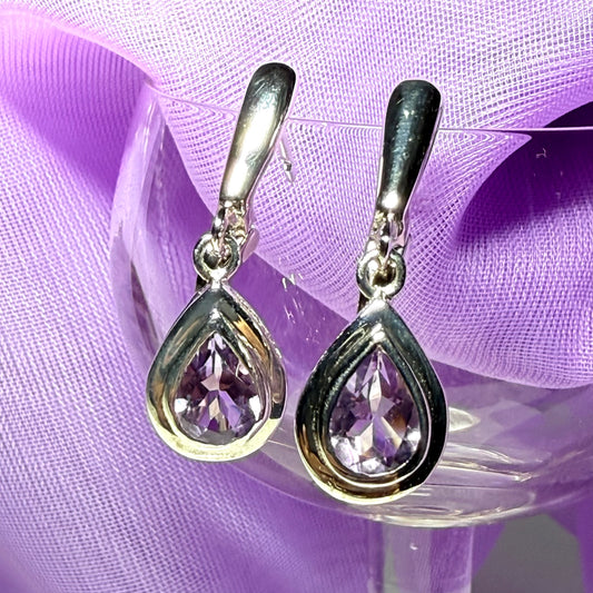 Purple real amethyst sterling silver pear shaped drop earrings