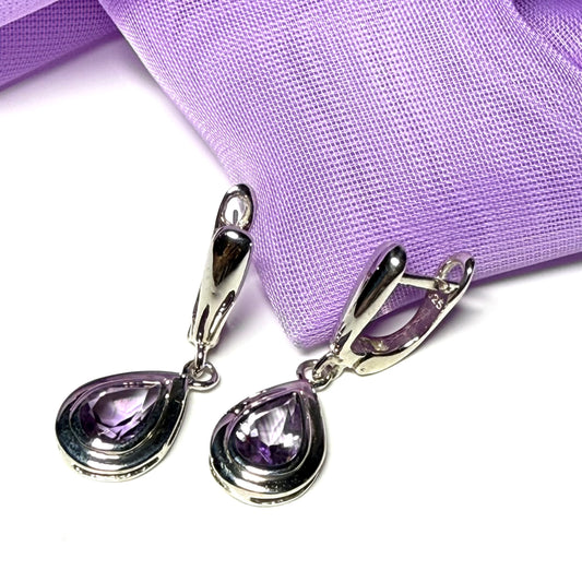 Purple real amethyst sterling silver pear shaped drop earrings