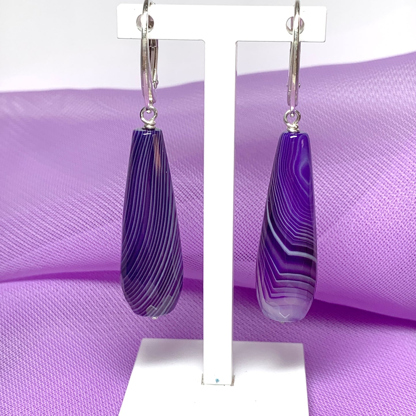 Purple agate teardrop shaped long drop earrings