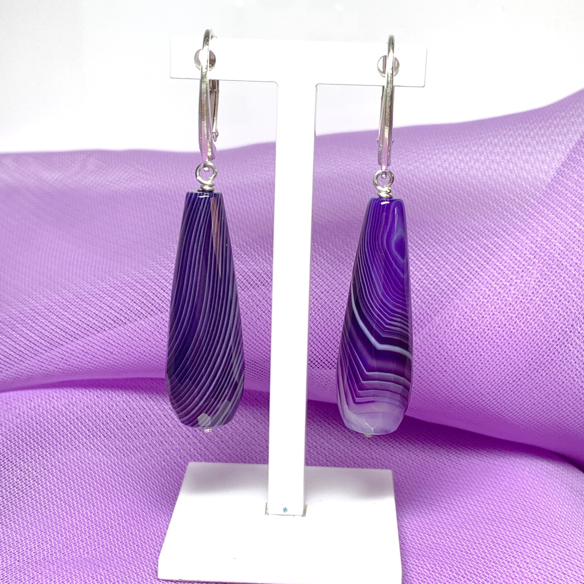 Purple agate teardrop shaped long drop earrings