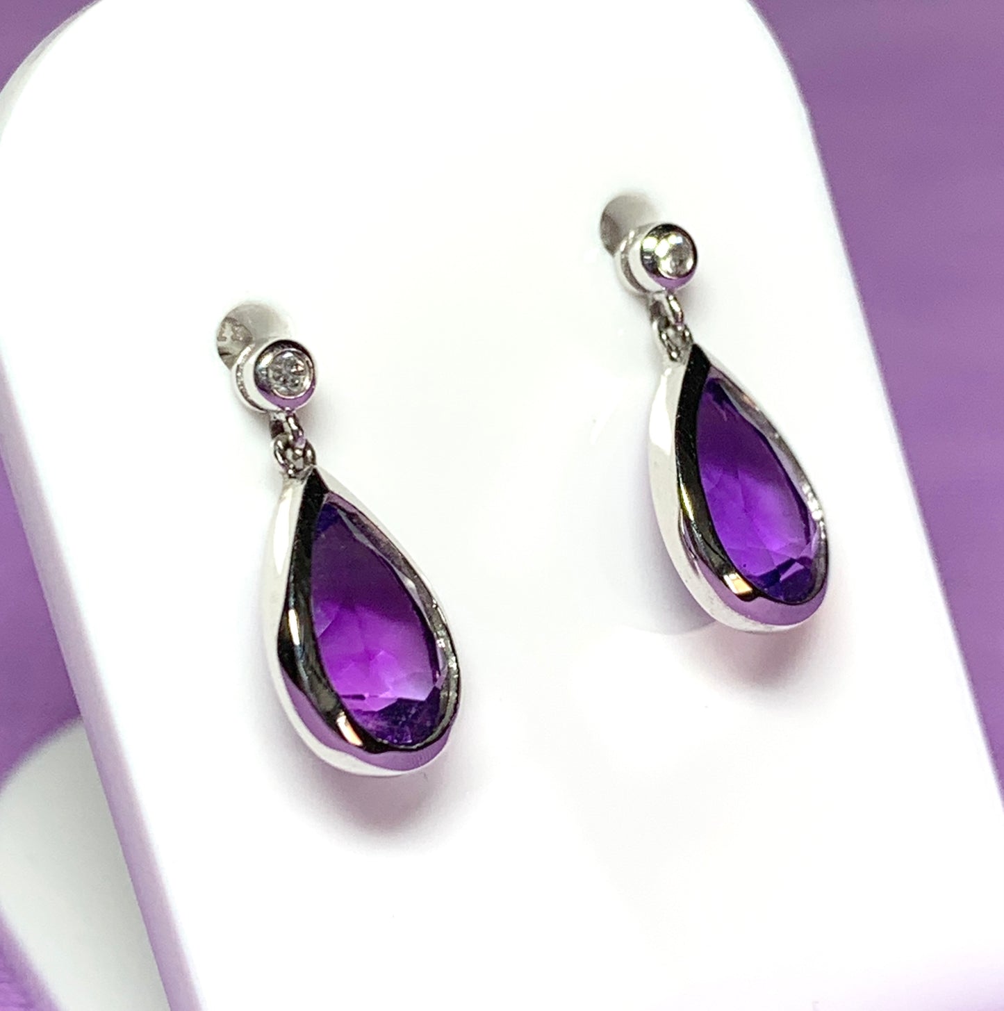 Real purple amethyst and diamond white gold pear drop earrings