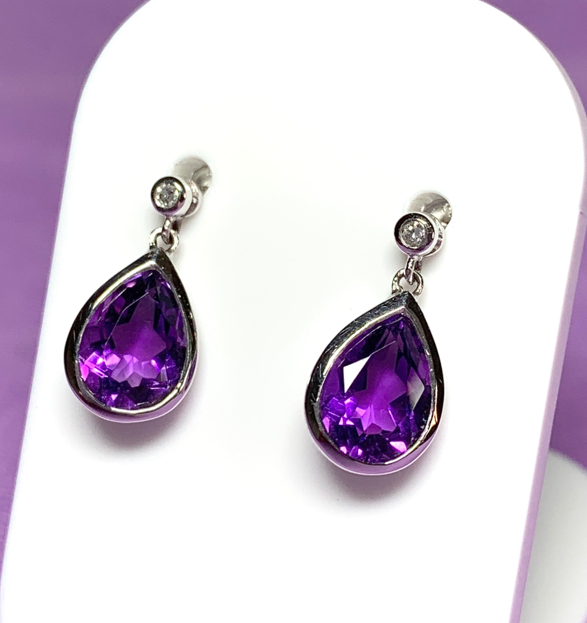 Real purple amethyst and diamond white gold pear drop earrings