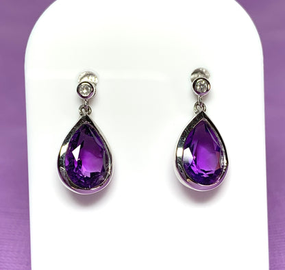 Real purple amethyst and diamond white gold pear drop earrings