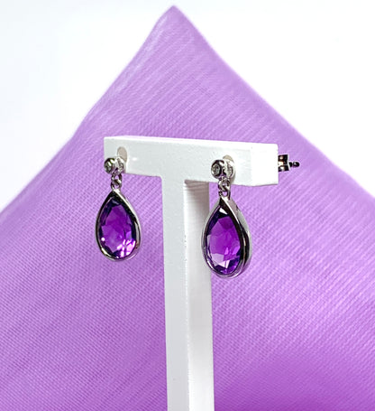 Real purple amethyst and diamond white gold pear drop earrings