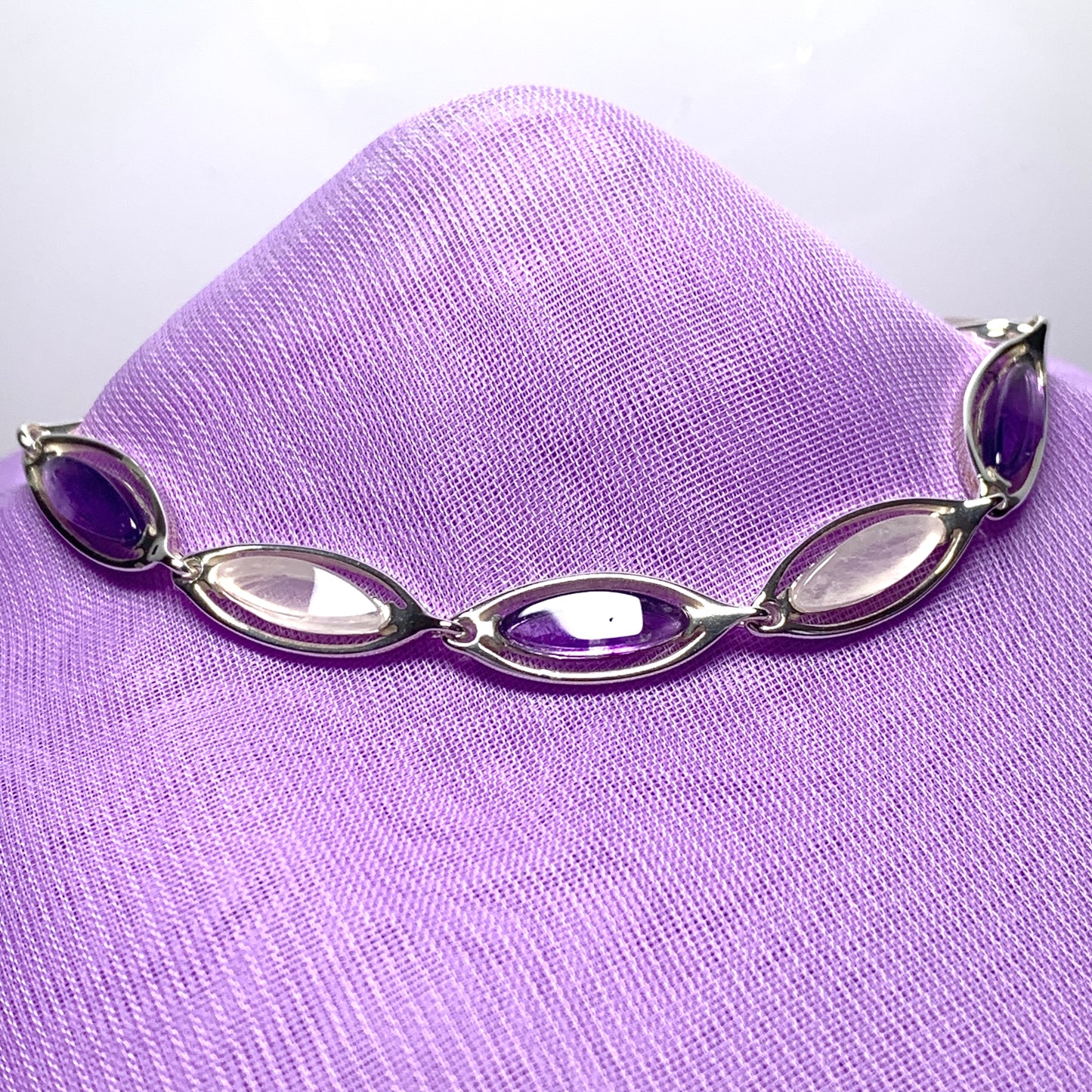 Purple amethyst and pink mother of pearl sterling silver marquise bracelet