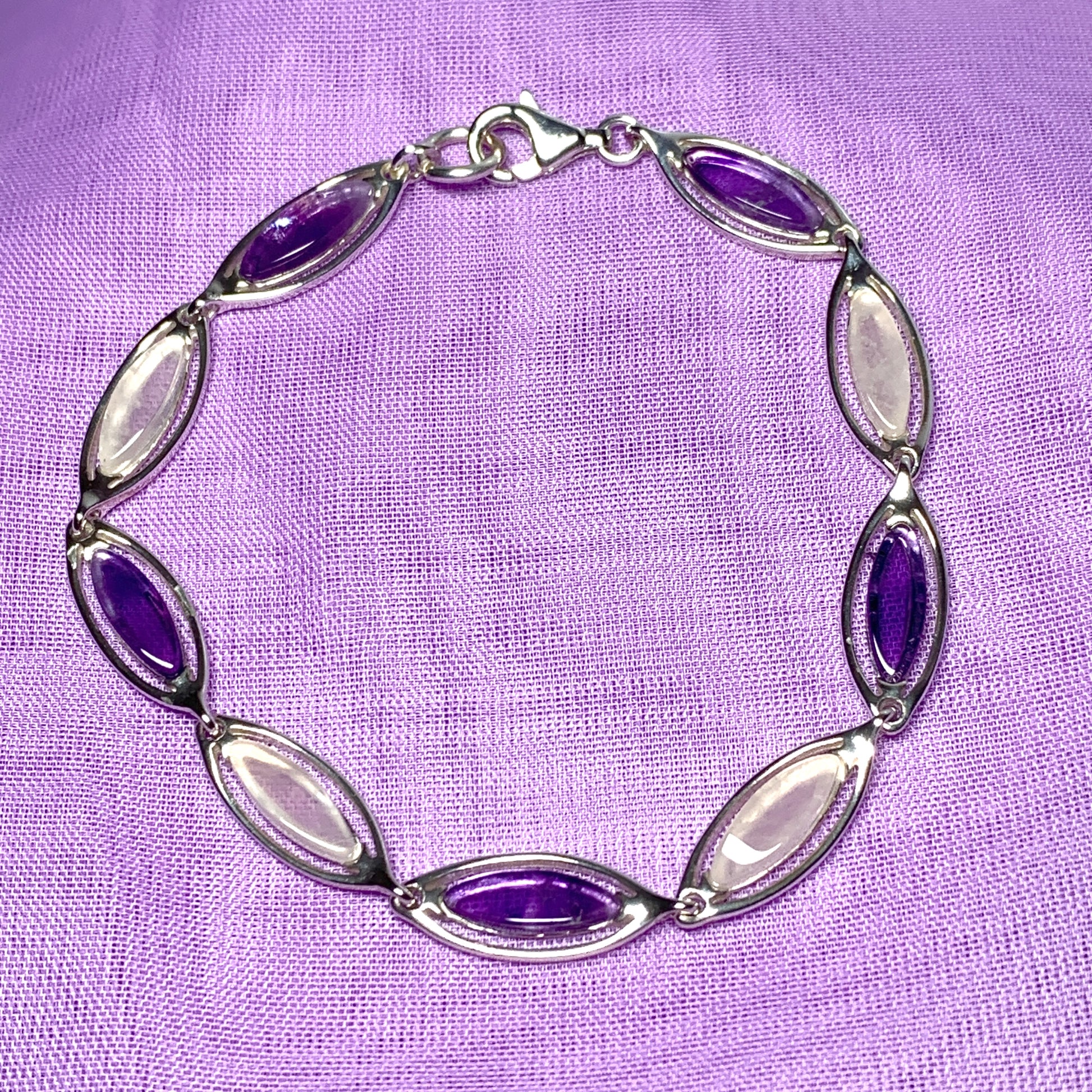 Purple amethyst and pink mother of pearl sterling silver marquise bracelet