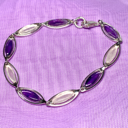 Purple amethyst and pink mother of pearl sterling silver marquise bracelet