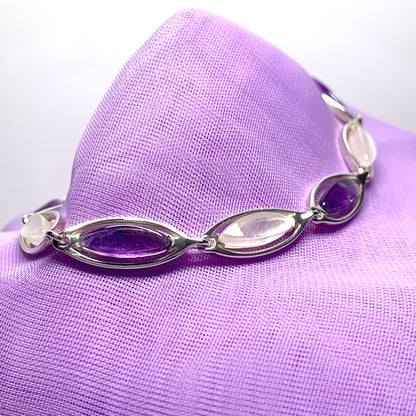 Purple amethyst and pink mother of pearl sterling silver marquise bracelet