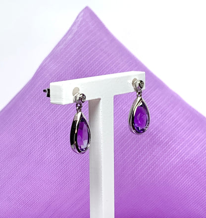 Real purple amethyst and diamond white gold pear drop earrings