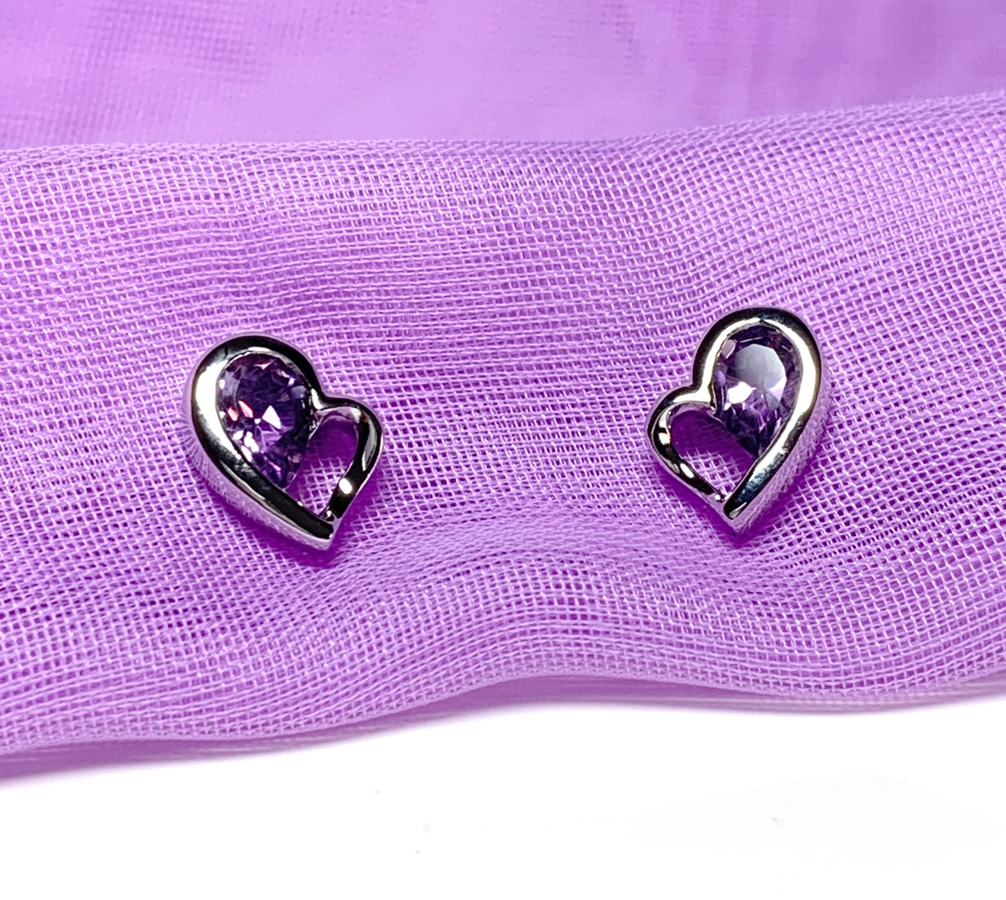 Real purple amethyst heart shaped stud earrings sterling silver