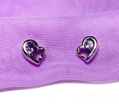 Real purple amethyst heart shaped stud earrings sterling silver