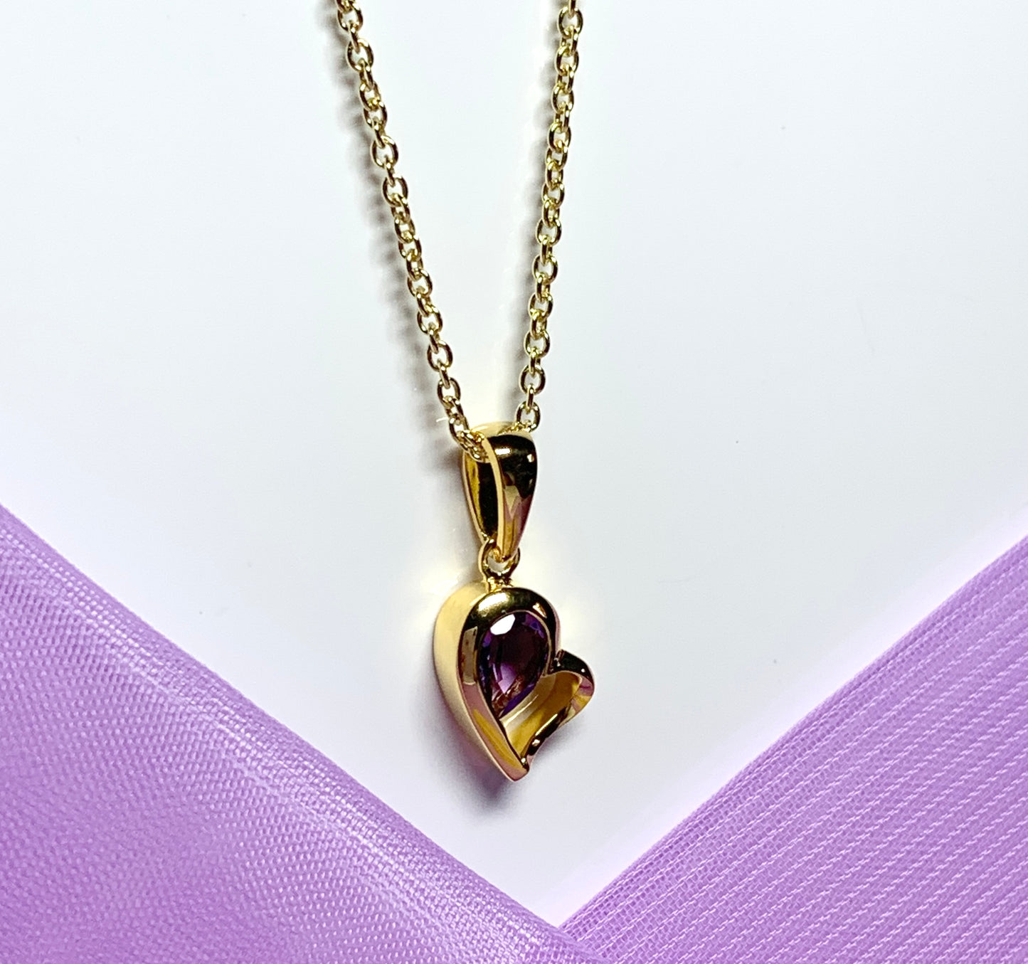 Real purple amethyst heart shape necklace pendant sterling silver gilt