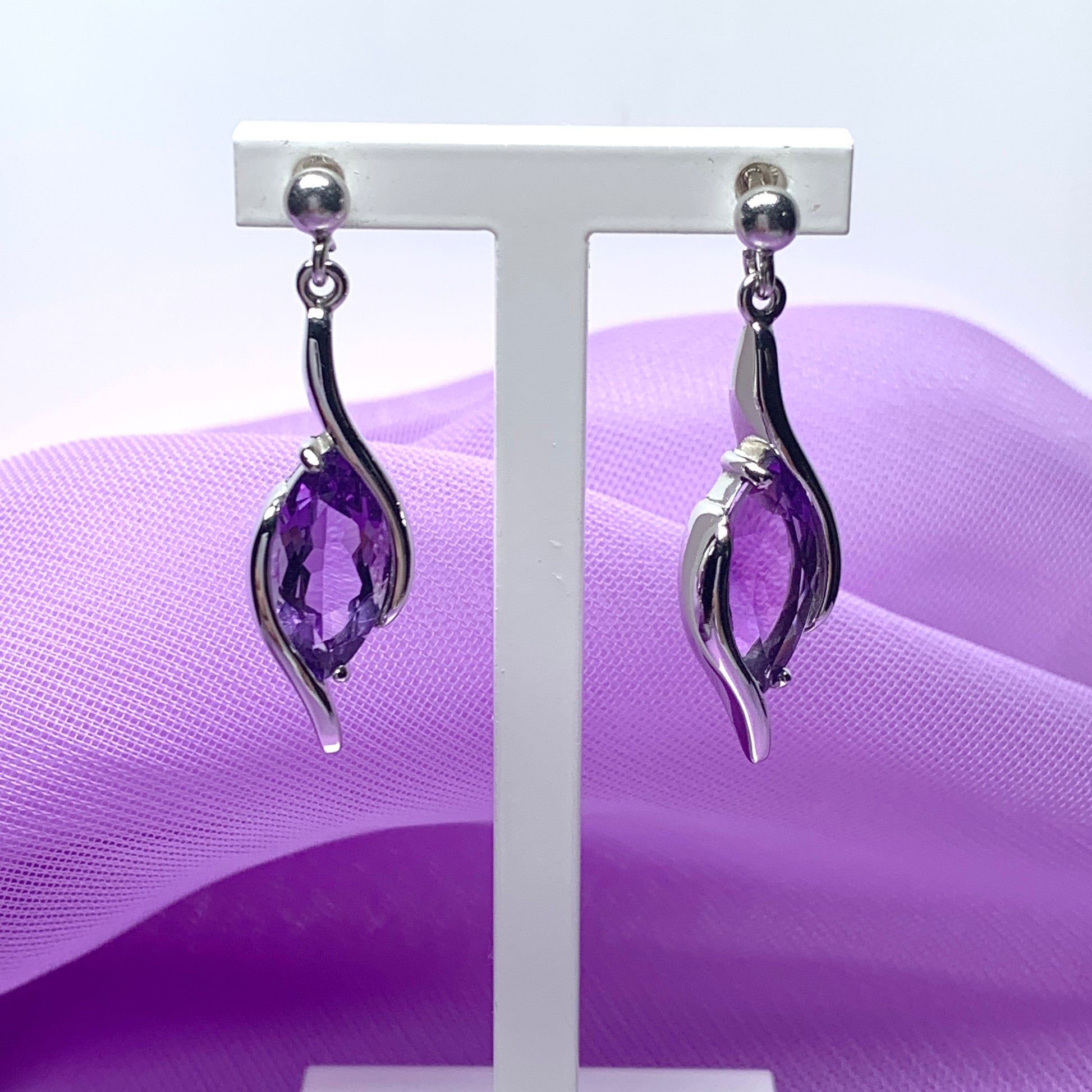 Purple amethyst marquise white drop gold earrings