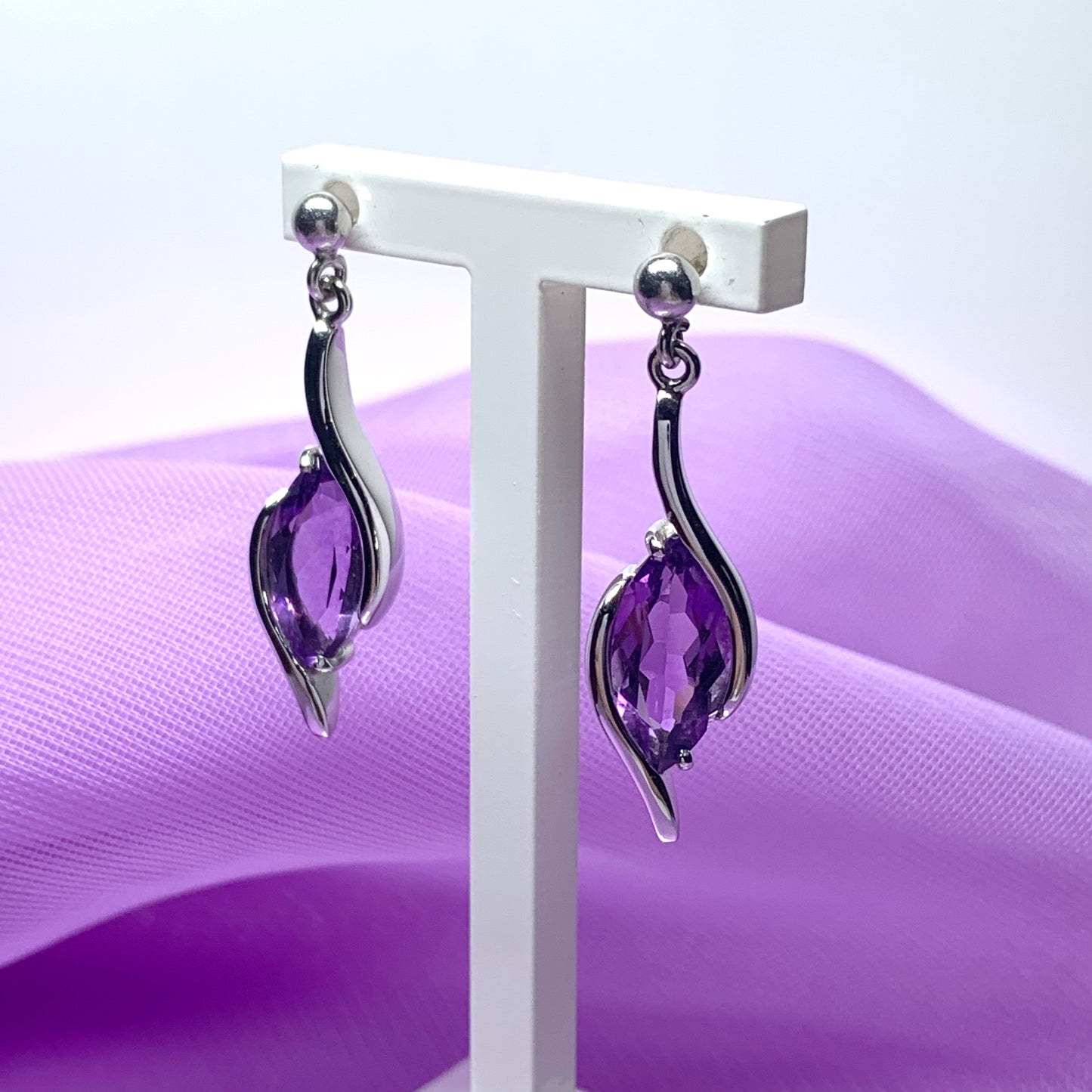 Purple amethyst marquise white drop gold earrings