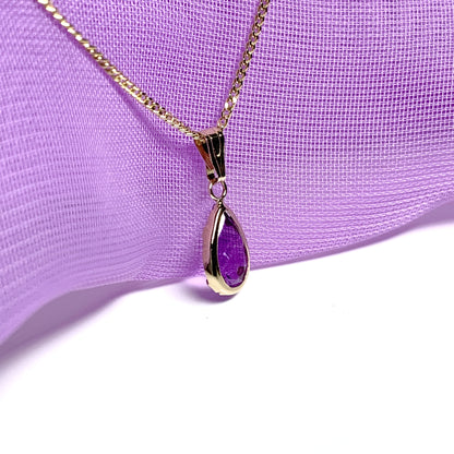 Purple amethyst pear shaped yellow gold necklace