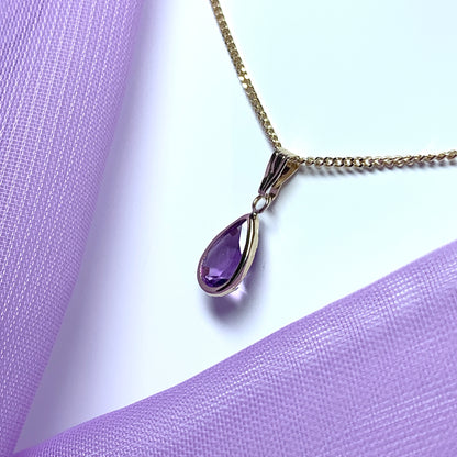 Purple amethyst pear shaped yellow gold necklace