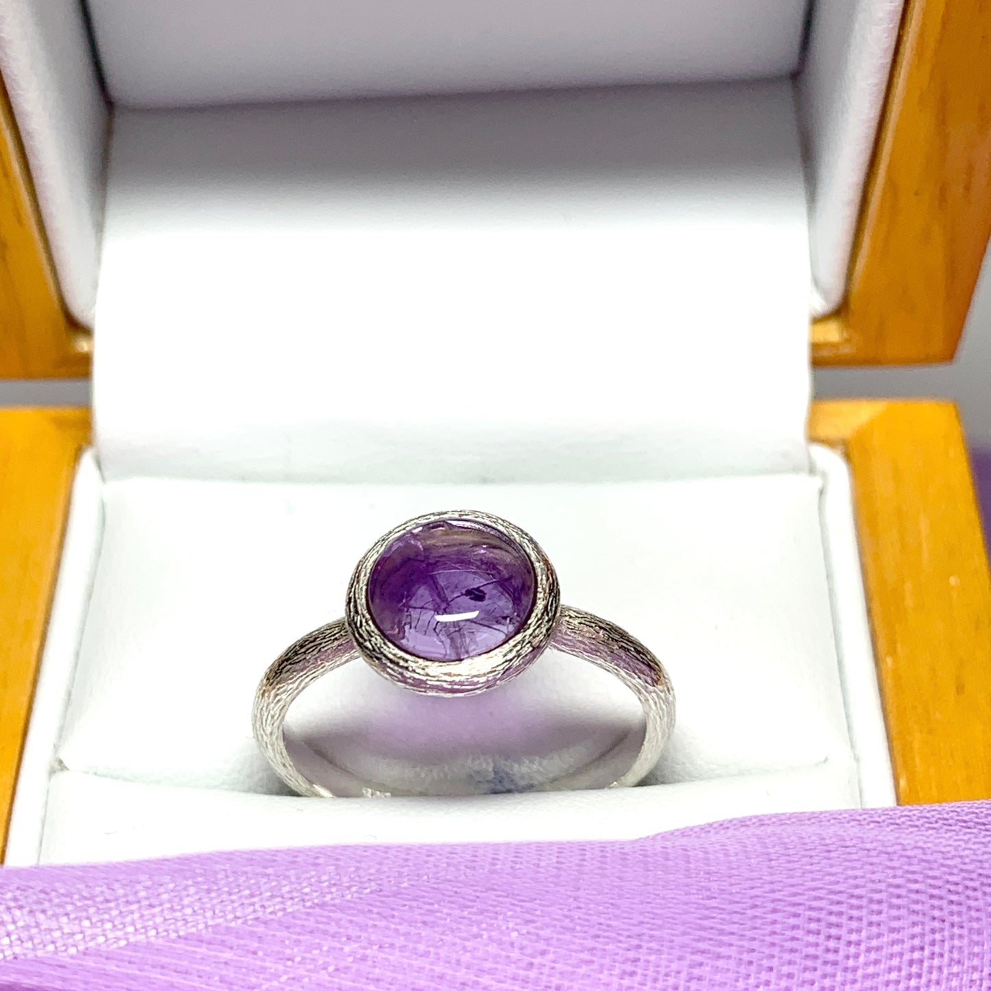 Purple amethyst round silver ring