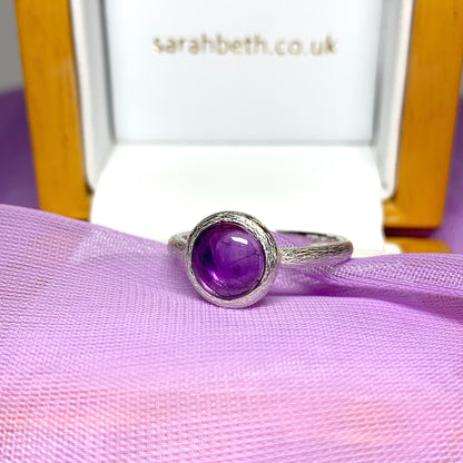 Purple amethyst round silver ring