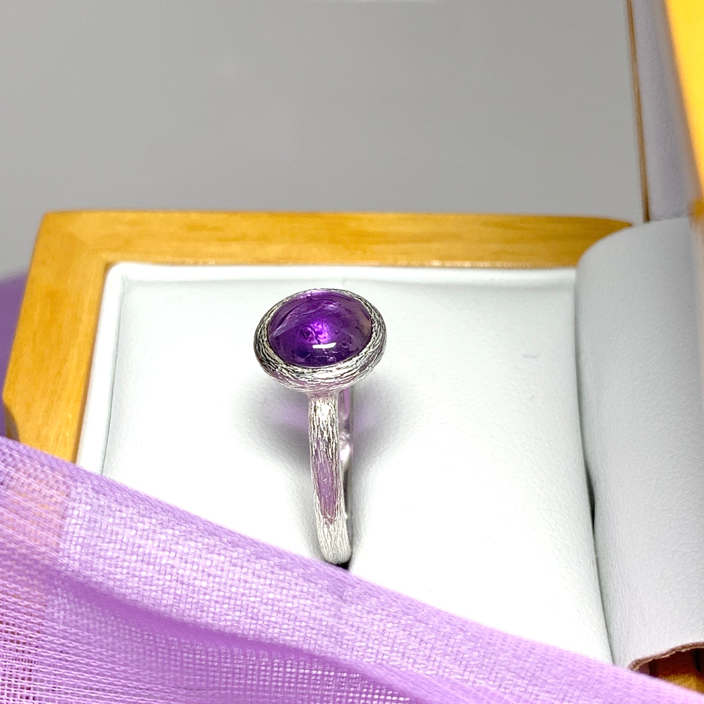 Purple amethyst round silver ring