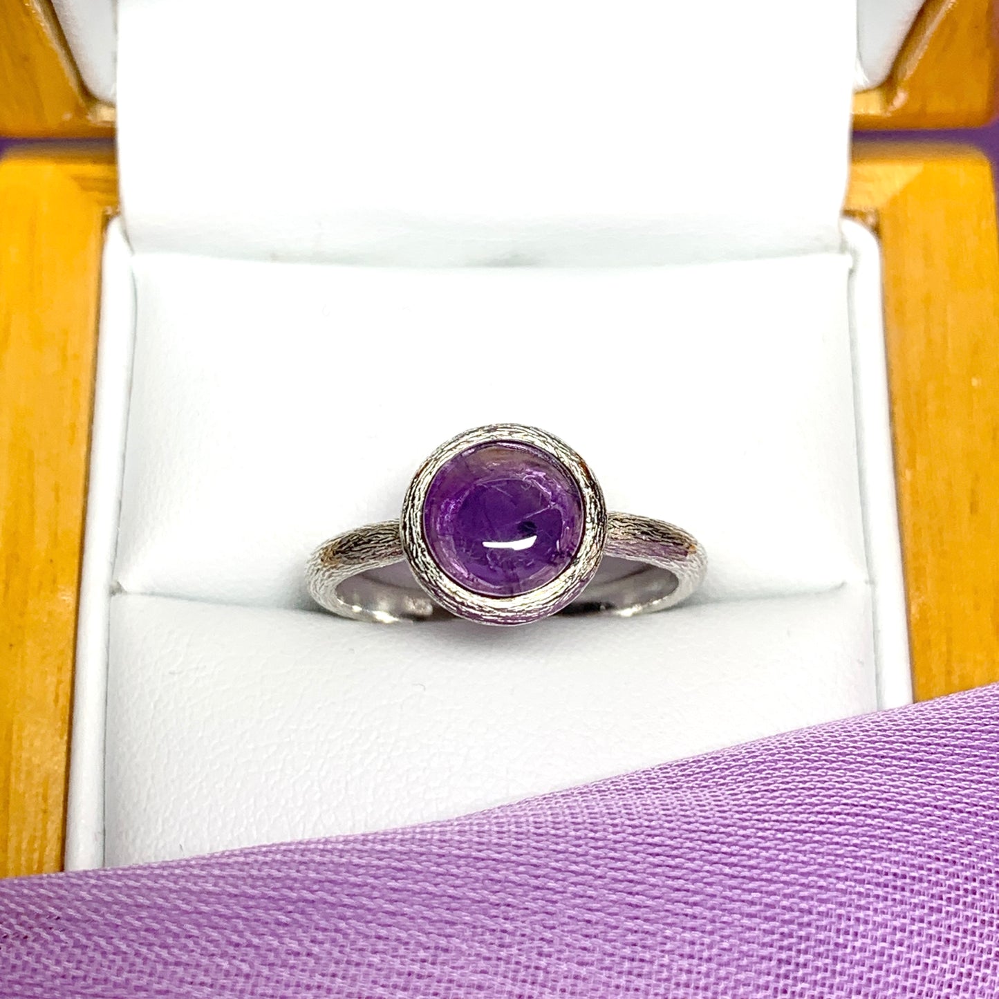 Purple amethyst round silver ring