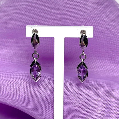 Purple real amethyst sterling silver marquise drop earrings