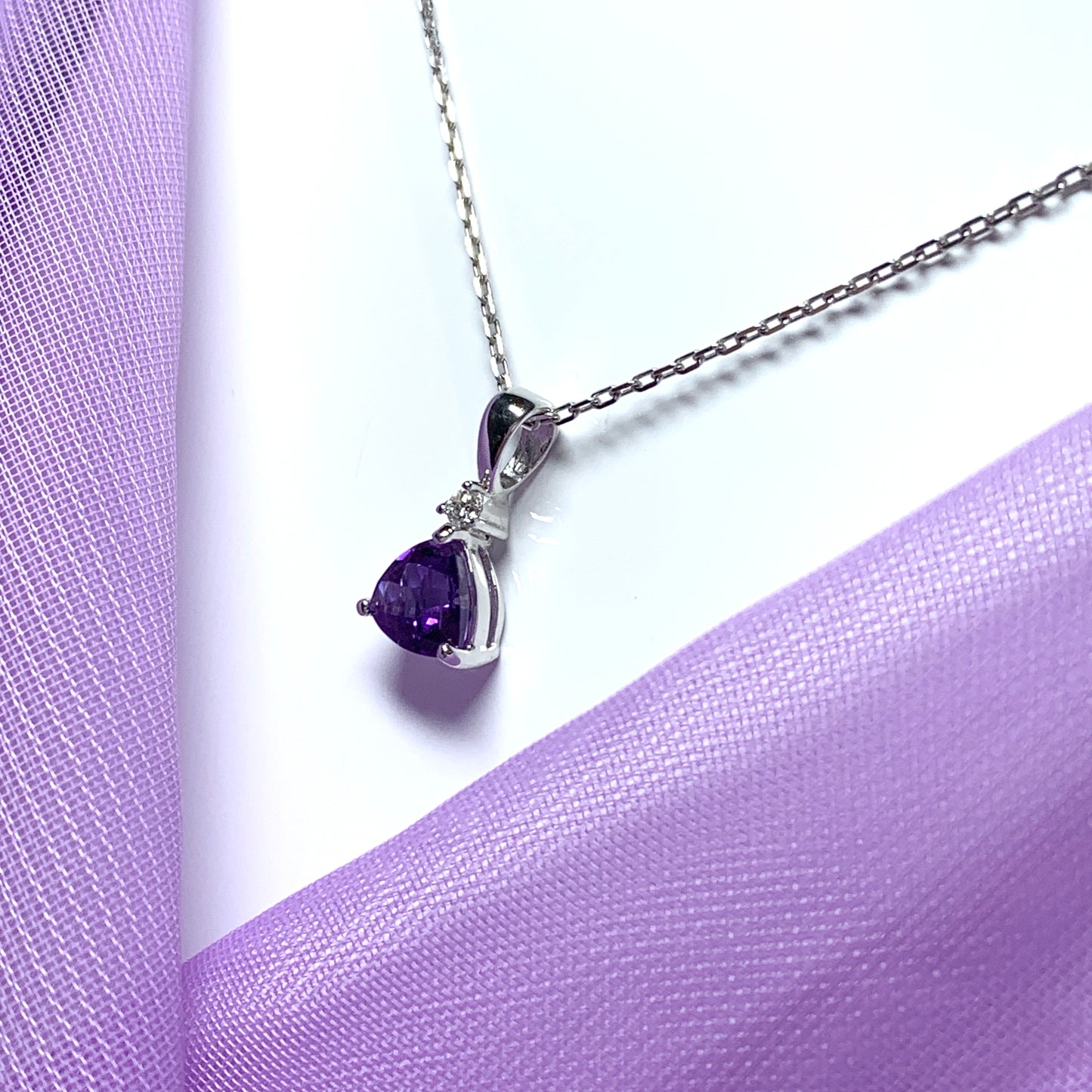 Purple amethyst white gold triangle necklace
